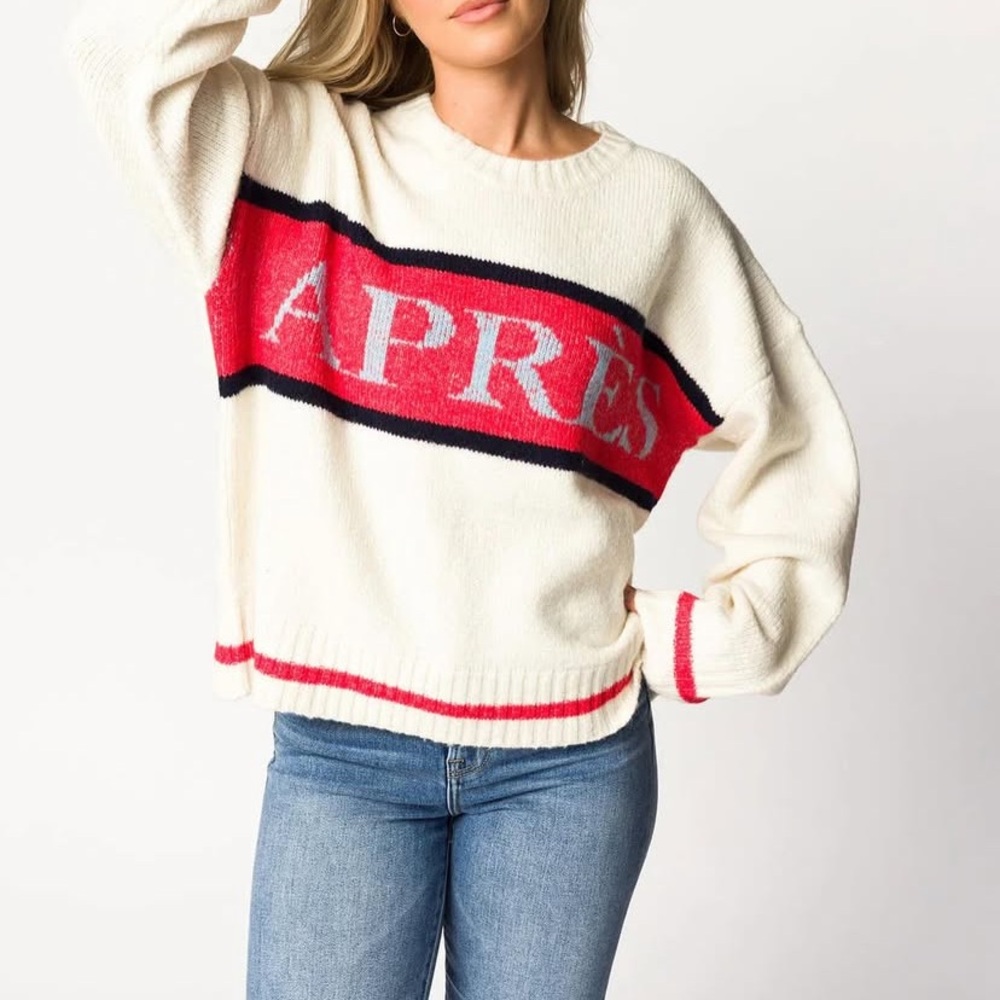 Apres Women's Red and Cream Crew Neck Sweater